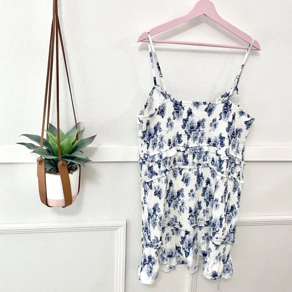 NWT Abercrombie & Fitch Smoked Floral Mini Dress XXLT Ivory Blue